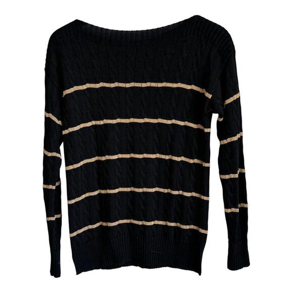 Lauren Ralph Lauren Black | Metallic Gold Striped Knit Sweater Size S - Picture 2 of 8